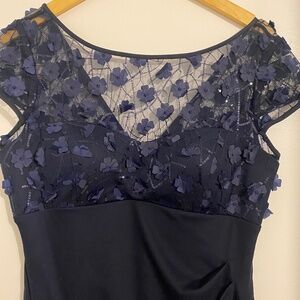 XScape navy blue prom / evening gown- Illusion Neckline